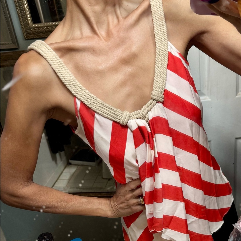 Diane von furstenberg sailor rope silk  White Striped Top draped shirt tank S